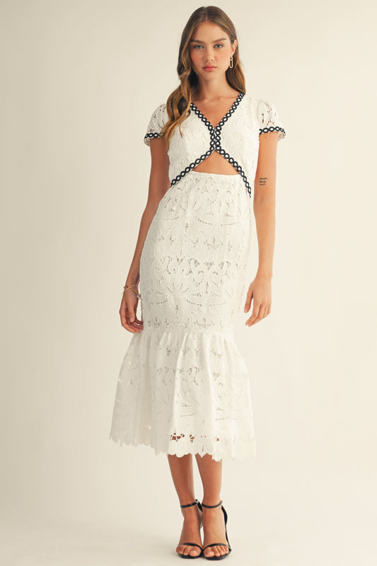 Contrast Trim Lace Midi Dress