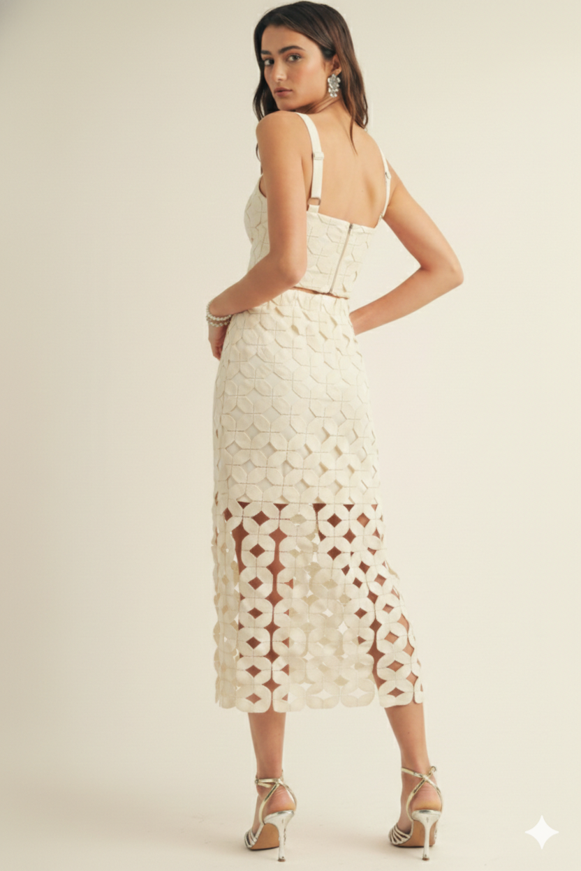 Cutout Lace Crop Top & Midi Skirt Set