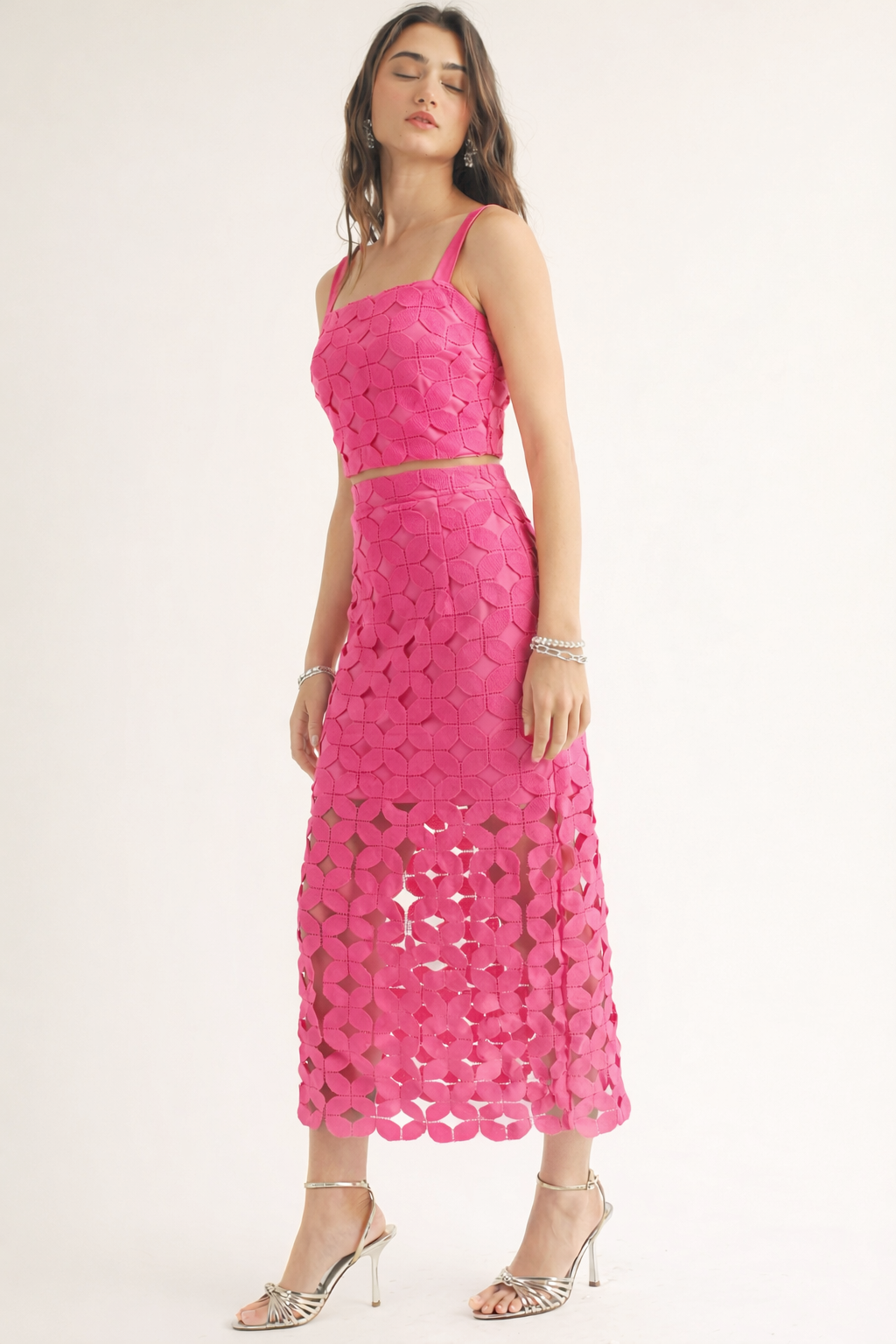 Cutout Lace Crop Top & Midi Skirt Set